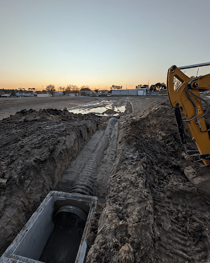 Excavator and long drainage trench with pipe on a Montgomery County site